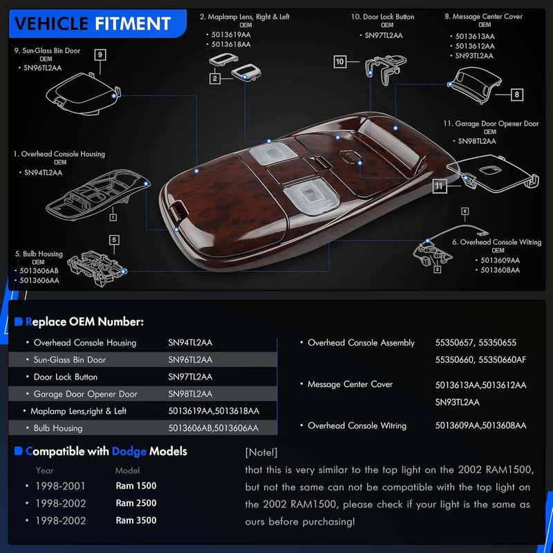 RHAOCZIYAUTO Front LED Overhead Console Assembly Fit for Dodge Ram 1500 2500 3500 1998-2002 Cab Interior Ceiling Dome Reading Light Map lights Lamp Replaces # SN96TL2AA SN94TL2AA L0021202 5013609AA (Peach wood) - Image 2